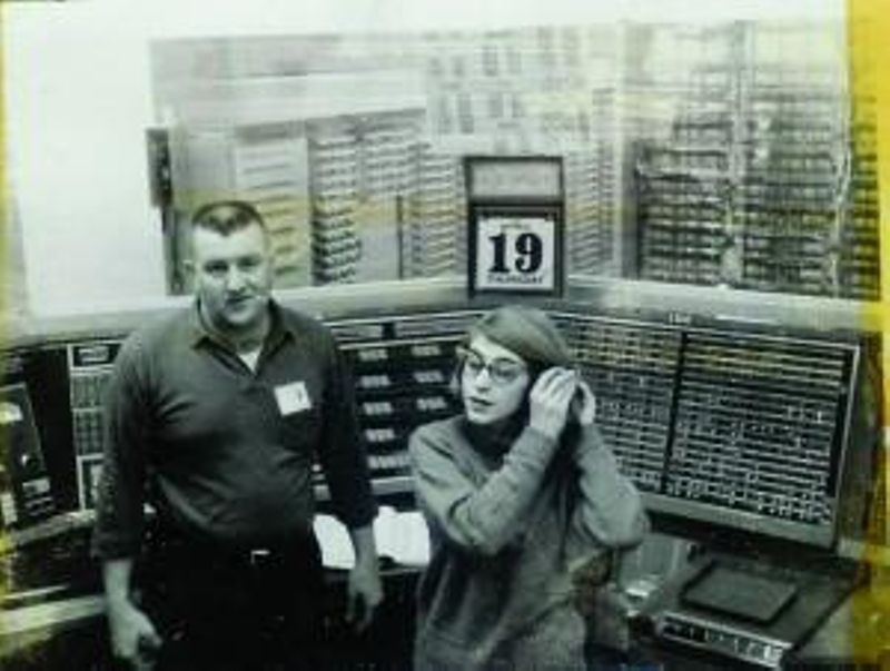 Margaret Hamilton and colleague in front of the XD-1 AN/FSQ-7 SAGE prototype computer system, 1962.