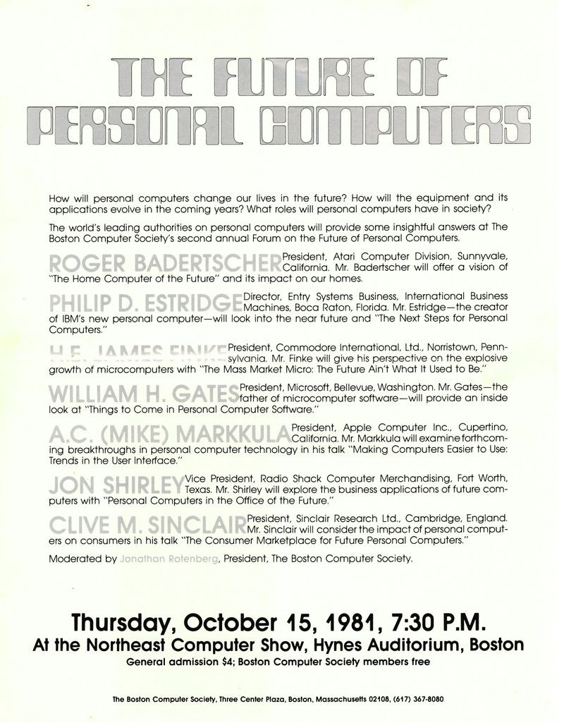 Flyer from the BCS “Future of Personal Computers” forum, October 15, 1981.