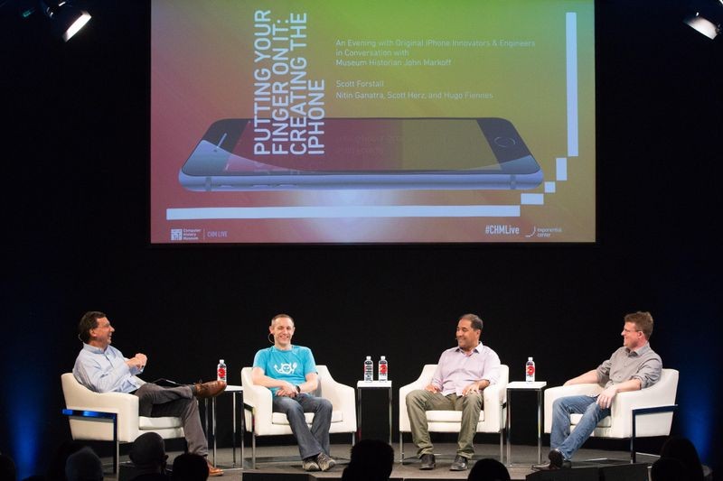 On the CHM Live stage, from left to right: John Markoff, Hugo Fiennes, Nitin Ganatra, and Scott Herz.