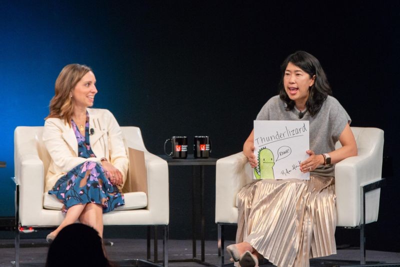 Floodgate venture capitalist Ann Miura-Ko explains that a “Thunderlizard” is a go-getter entrepreneur while TaskRabbit founder Leah Busque looks on.