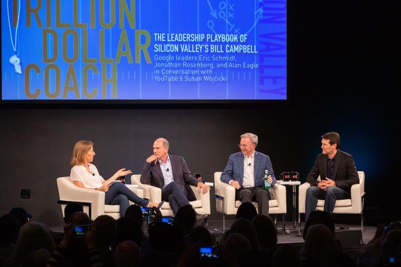 YouTube CEO Susan Wojcicki leads a discussion with Google’s Jonathan Rosenberg, Eric Schmidt, and Alan Eagle about the wisdom of their coach Bill Campbell at CHM on April 26, 2019.