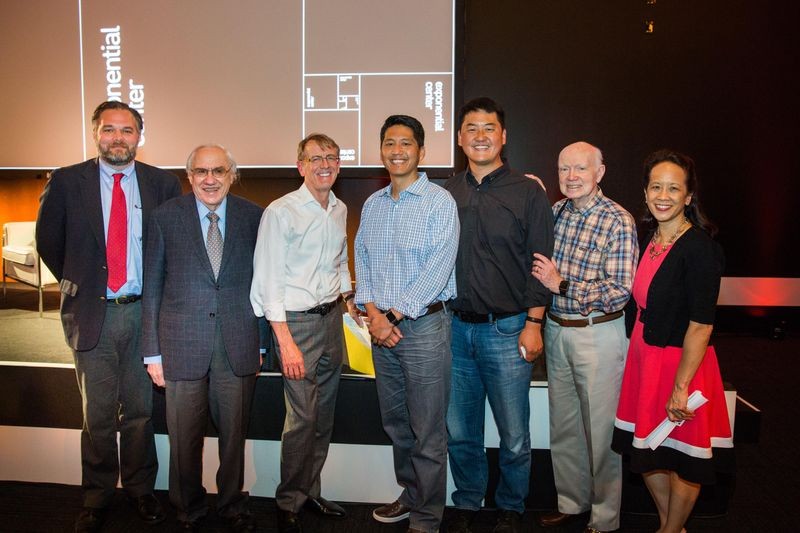 Speakers at CHM’s Exponential Center symposium on June 3. From left to right: David Brock, Jay Last, John Doerr, Albert Lee, Mike Lee, Regis McKenna, Marguerite Gong Hancock (not pictured Gordon Moore)