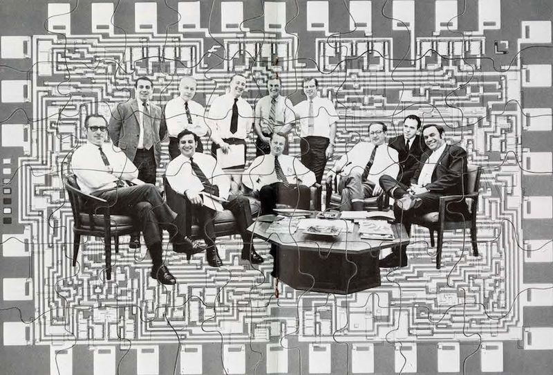 This composite image from Leadwire (April−May 1970) features 11 group directors responsible for leading the Semiconductor Division in 1970. Former Motorola executives indicated  were known as “Hogan’s Heroes.” From left to right front row: Jim Hazle, Tom Longo, Joe Van Popplen, George Scalise, Doug O’Connor, Gene Blanchette  Rear row: Andy Procassini, Bob Friedman, Wilf Corrigan, Dave Haynes, Bill Lehner