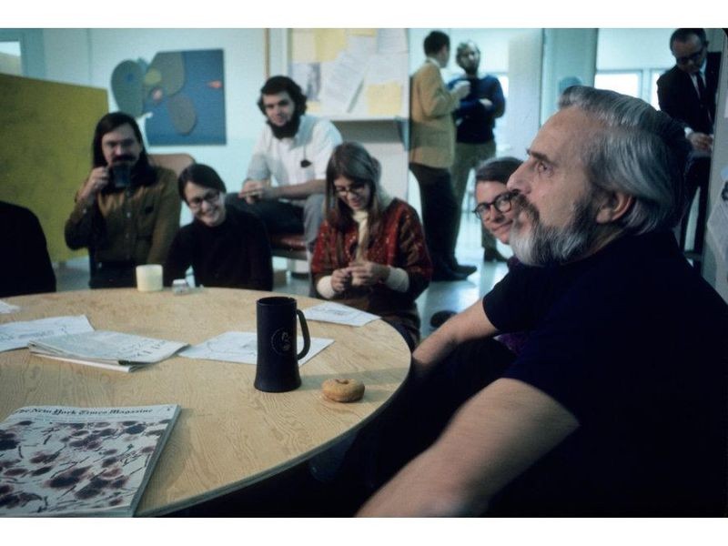 Engelbart (right) started the NIC in his ARC group at SRI. It was a central library as well as the repository of data the network needed to run.
