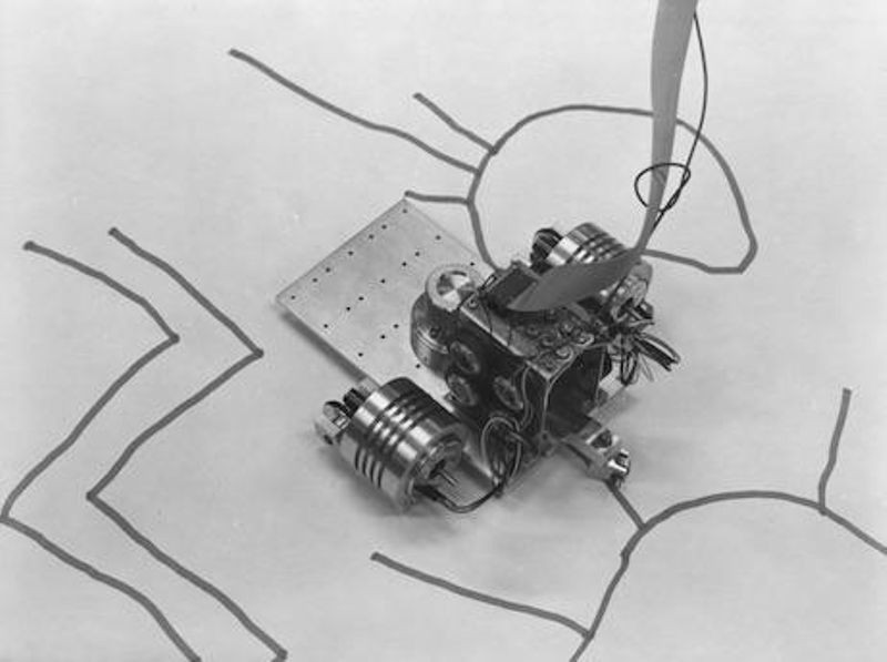 The 1979 exhibition, Drawings, at SFMOMA, featured this “turtle” robot creating drawings in the gallery. Collection of the Computer History Museum, 102627449.