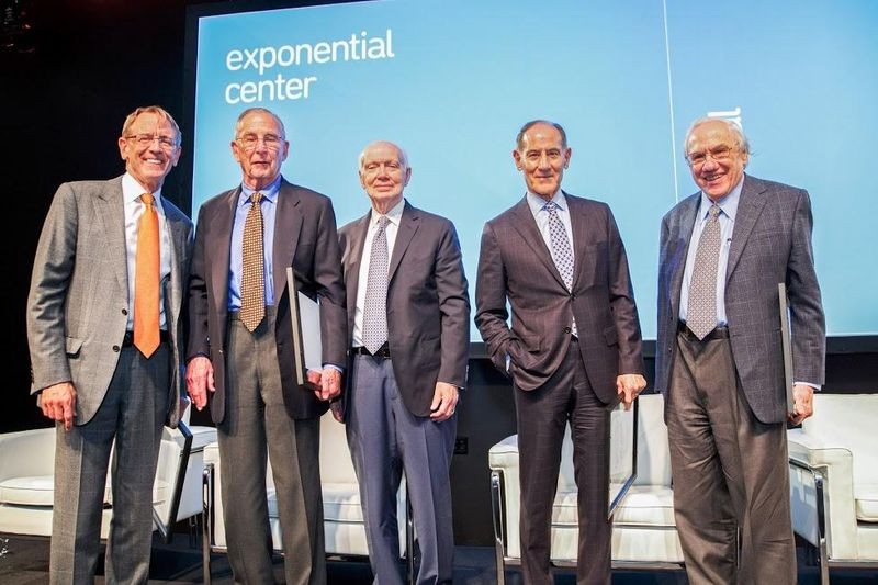 2016 Exponential Center honorees: John Doerr, Arthur Rock, Regis McKenna, Larry Sonsini, Jay Last, and Gordon Moore (not pictured)