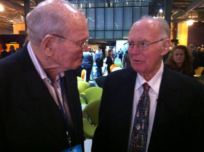 Left to right: David Morgenthaler, 96, and Gordon Moore, 86, at a 50th anniversary celebration of Moore’s Law on May 11, 2015.