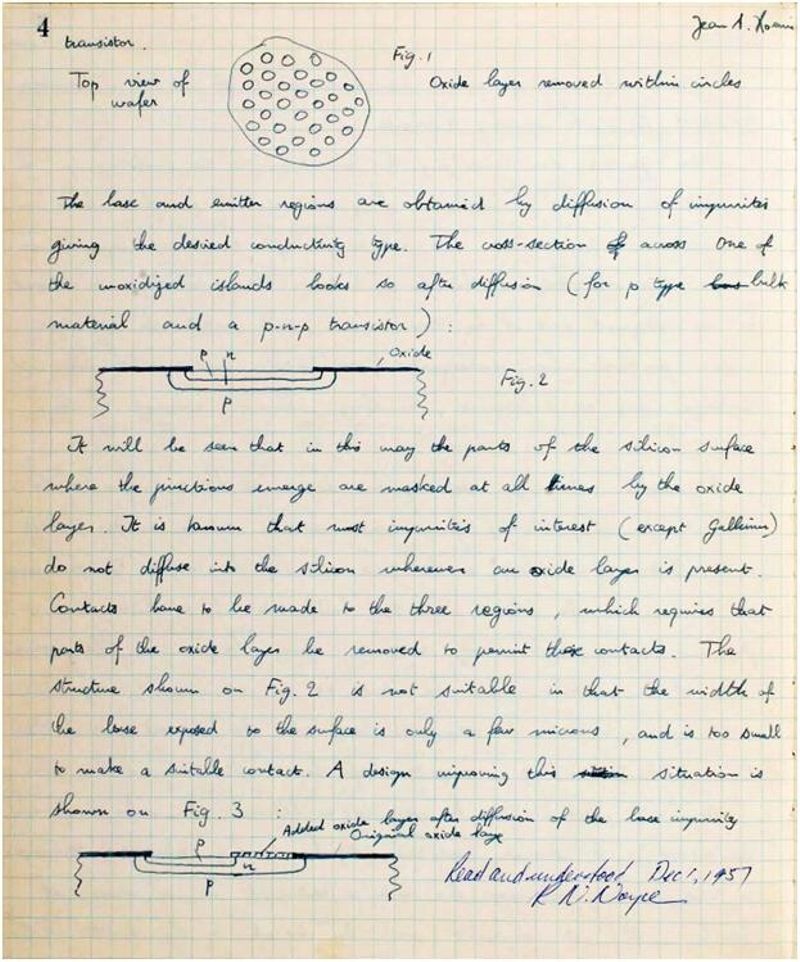 Second page of Hoerni’s 1957 disclosure of his planar idea. Witnessed by R.N. Noyce.