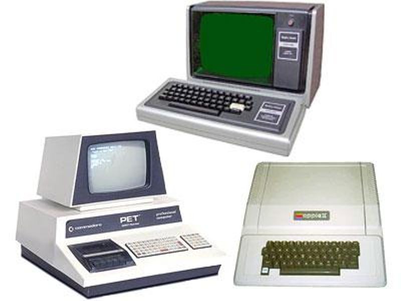 What was your first computer? Clockwise from top: Radio Shack TRS-80, Apple II, and Commodore Pet.