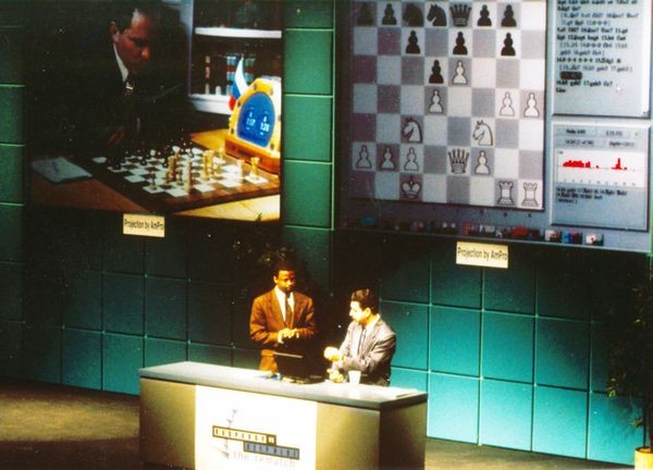 Maurice Ashley and Yasser Seirawan analyzing gameplay during Deep Blue vs. Kasparov re-match in New York City, New York