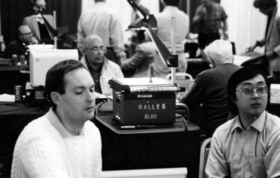 Hans Berliner (rear), Murray Campbell (front, left) and Feng-Hsiung Hsu at the 20th annual ACM Computer Chess Championship in Reno, Nevada
