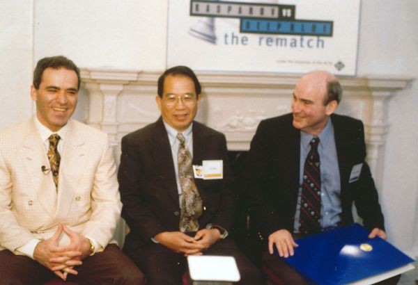 Garry Kasparov, C.J. Tan, and Monroe Newborn at the 1997 Deep Blue vs Kasparov re-match press conference