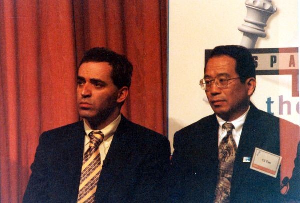 Garry Kasparov and Deep Blue project manager C.J. Tan at the 1997 Deep Blue vs. Kasparov post-match press conference