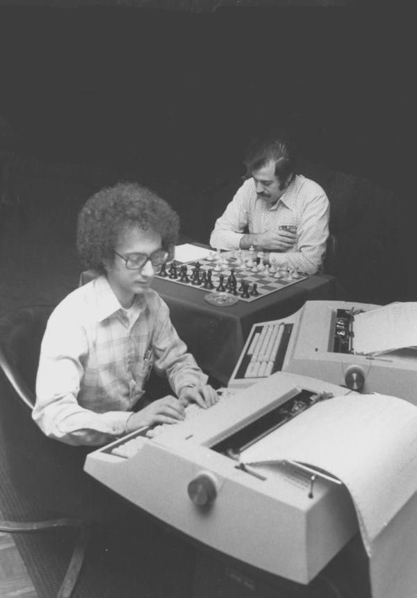 Larry Atkin (front) and David Slate at the 10th ACM North American Computer Chess Championship in Detroit, Michigan
