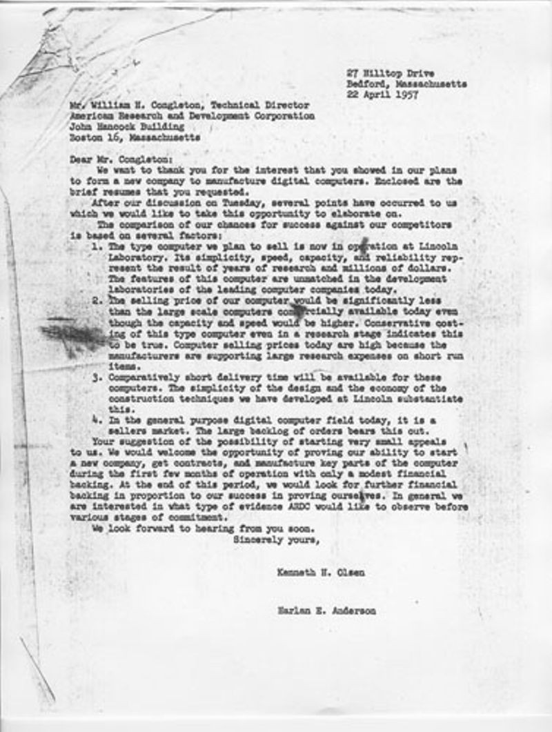 Photocopy of letter to William H. Congleton of American Research and Development Corporation on April 22, 1957