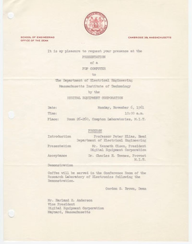 Invitation to a presentation of a PDP computer to Massachusetts Institute of Technology, Electrical Engineering Department