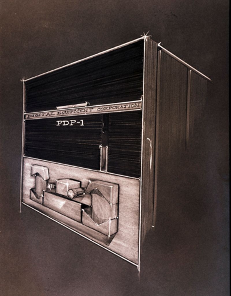 Artist rendering of PDP-1 front panel with paper tape reader
