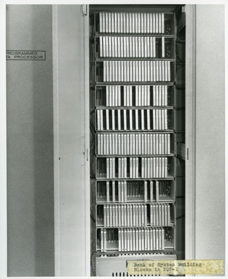 Interior of PDP-1 computer showing rows of DEC System Building Blocks