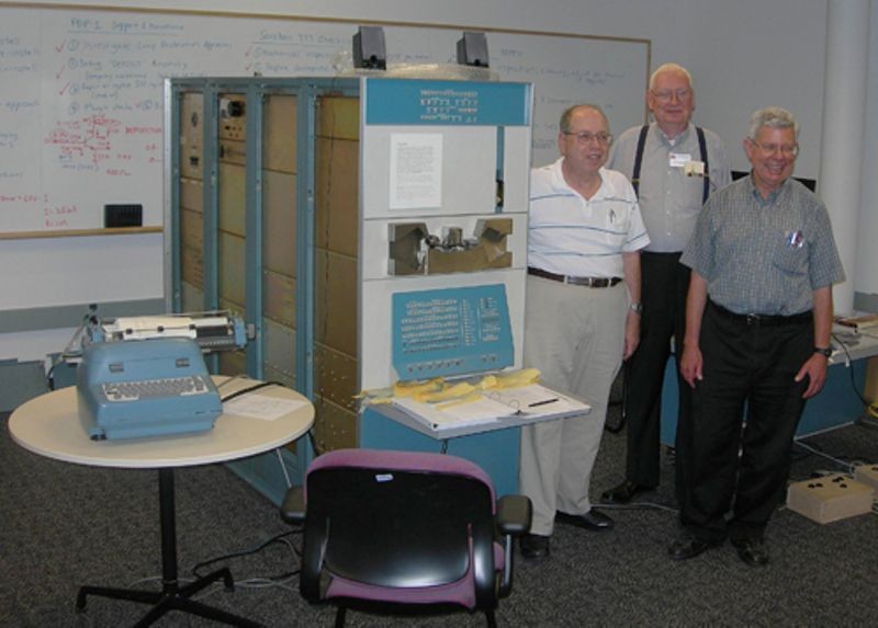From left to right: Alan Kotok, Peter Samson and Stephen "Slug" Russell in front the Computer History Museum's restored PDP-1 computer system.