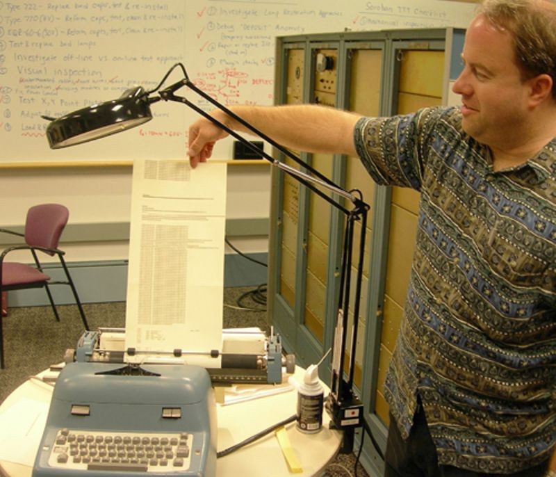 PDP-1 restoration team member, Ken Sumrall showing Soroban output from alphanumeric typewriter connected to PDP-1