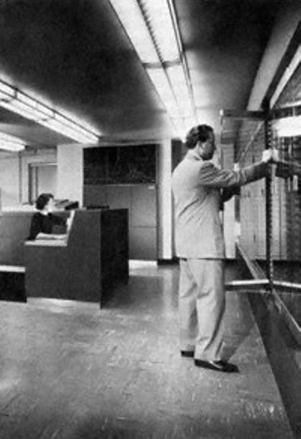 NORC as completed at the Watson Laboratory in 1954. Byron L. Havens, the chief engineer, is in the foreground