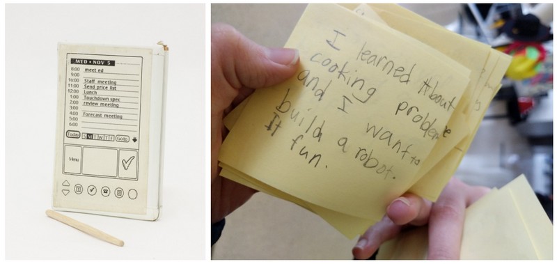 Left: Jeff Hawkins tested the PalmPilot’s design with this model, using a chopstick for a stylus. He took pretend notes in meetings, and counted the steps it took to perform common tasks. Collection of the Computer History Museum, 102716262. Right: Activity feedback from one of our young participants.