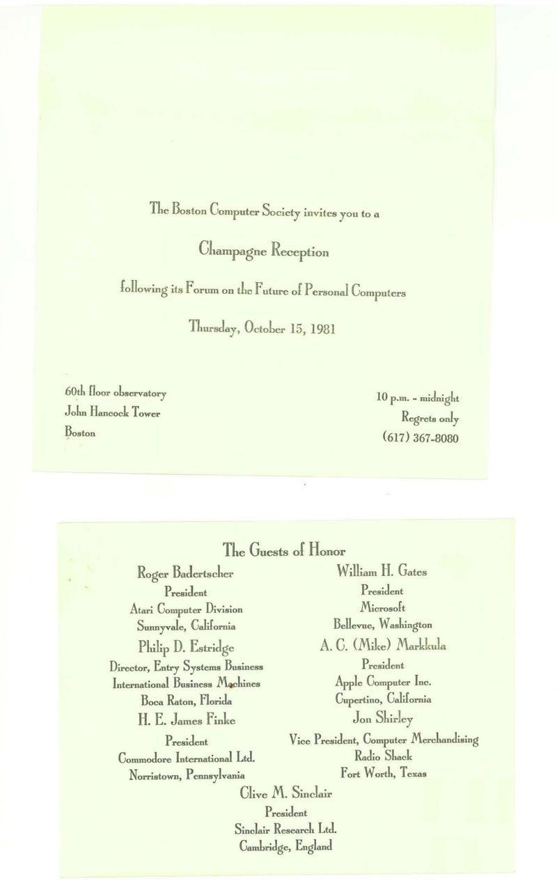 BCS reception invitation, honoring panelists from the 1981 forum.