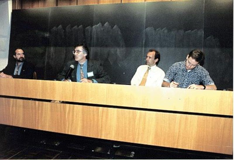 Part of the closing panel, from left to right: Dr. Joseph Hardin, NCSA; Robert Cailliau, CERN; Tim Berners-Lee, CERN; Dan Connolly, HaL Software. 
CERN Photo, copyright CERN 
