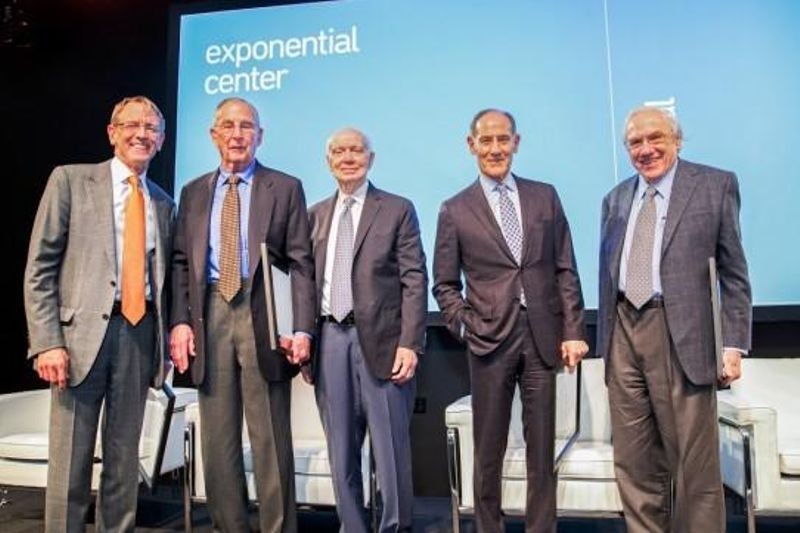 Honorees at the Exponential Center launch gala: Gordon Moore (by video), John Doerr, Arthur Rock, Regis McKenna, Larry Sonsini, and Jay Last.