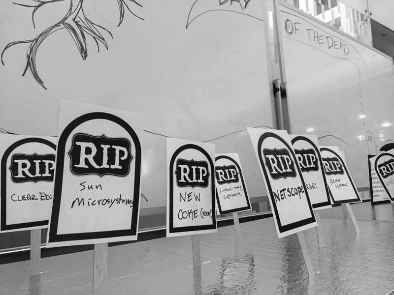 The startup graveyard at the Computer History Museum’s “Day of the Dead” event on October 26, 2016, co-produced by the Exponential Center and the NextGen Advisory Board. Photo: Terry Chay.