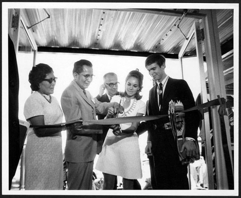 Figure 2: Ribbon cutting at Fairchild Building Dedication, Shiprock, New Mexico, September 8, 1969.  Image courtesy of Northern Arizona University, Cline Library Special Collections and Archives, Nakai, Raymond Collection.
