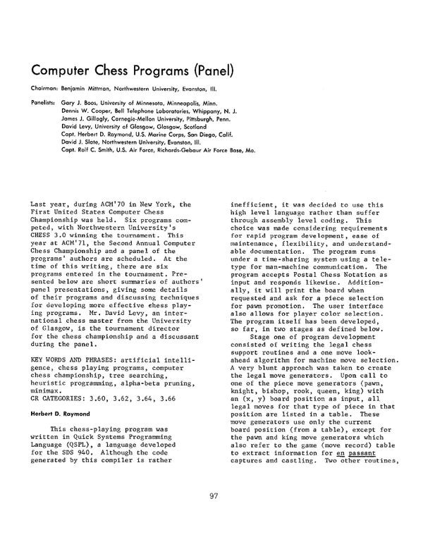 Computer Chess Programs (Panel)