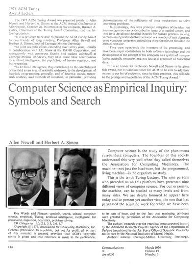 Computer Science as Empirical Inquiry: Symbols and Search