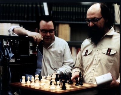 Joe Condon and Ken Thompson in front of Belle chess computer