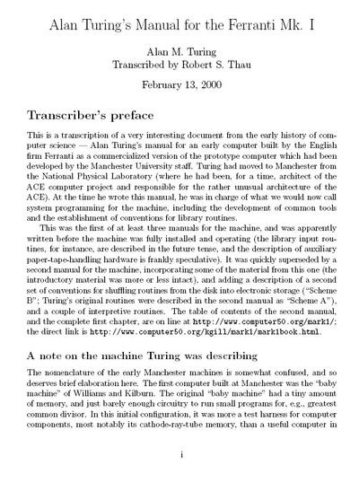 Alan Turing's Manual for the Ferranti Mk. I