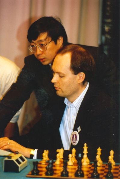Deep Blue team members Murray Campbell and Feng-Hsiung Hsu at the start of the Deep Blue vs. Kasparov match in Philadelphia, Pennsylvania