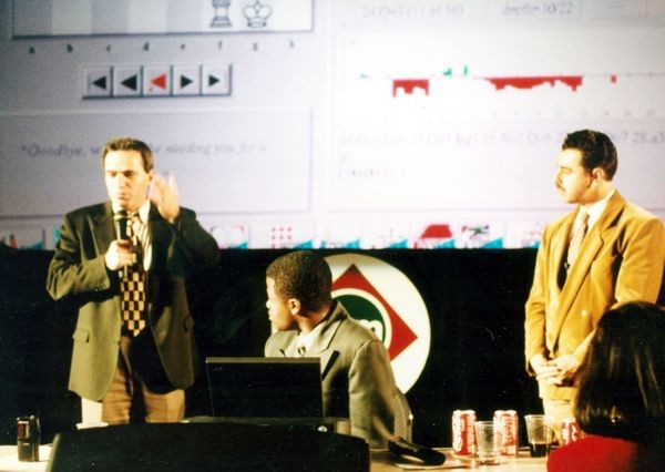 Garry Kasparov and Yasser Seirawan at 1996 Deep Blue vs Kasparov match in Philadelphia, Pennsylvania