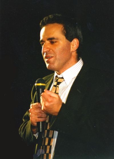 Garry Kasparov discusses game highlights after he wins the 1996 match against Deep Blue in Philadlephia, Pennsylvania