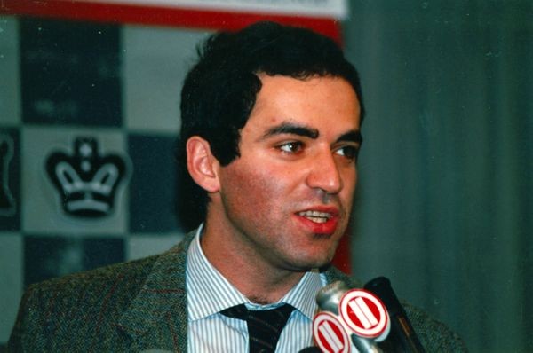 Close-up of Kasparov after winning against IBM's Deep Thought at the New York Academy of Art