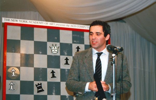 Garry Kasparov analyzes gameplay after the 1989 match against IBM's Deep Thought at the New York Academy of Art