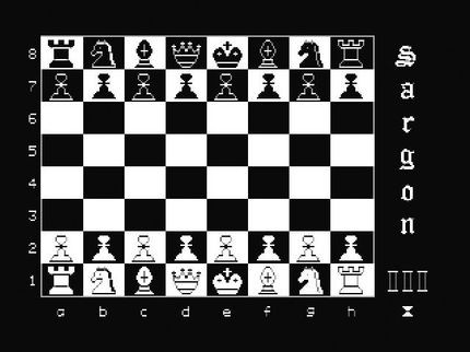 Screenshot of Sargon III chess program running on an Apple II microcomputer