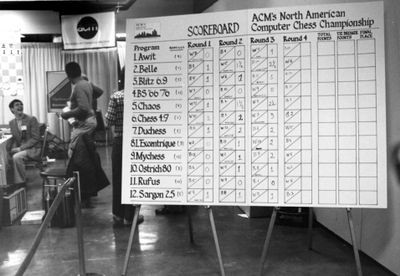 Scoreboard at the 10th ACM North American Computer Chess Championship in Detroit, Michigan