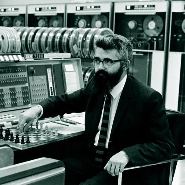 John McCarthy, artificial intelligence pioneer, playing chess at Stanford's IBM 7090