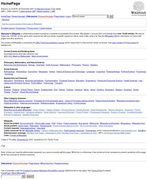 First preserved Main Page of Wikipedia, December 20, 2001