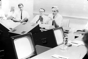 <strong>Left to Right</strong>-Don Andrews, Bill English, and Doug Engelbart using oNLine System (NLS), ca. 1968