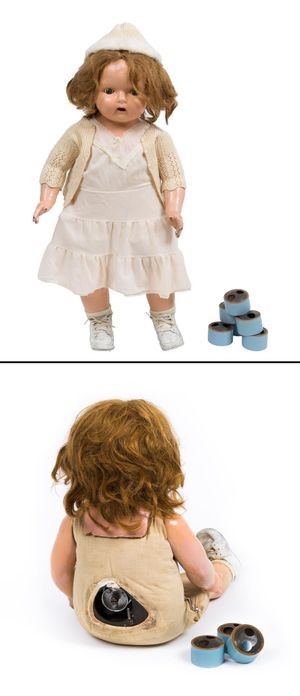 Edison-type phonograph doll and wax cylinders, 1940s