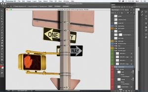 Photoshop layers panel (<em>Times Square</em> detail, by Bert Monroy)
