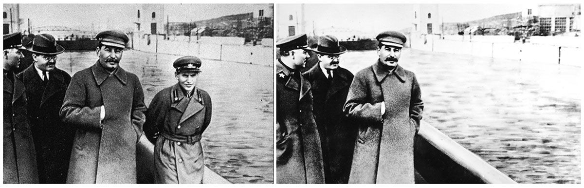 Left: Kliment Voroshilov, Vyacheslav Molotov, Joseph Stalin, and Nikolai Yezhov, Vyacheslav Molotov, 1937<br>Right: Voroshilov, Molotov, and Stalin (censored)