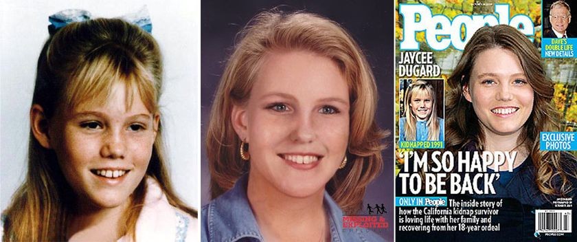 <strong>Left</strong>-Jaycee Dugard, 1991 <strong>Center</strong>-Age-progression image of Jaycee Dugard, 25 years old, February 2006 <strong>Right</strong>-People magazine cover of Jaycee Dugard, October 26, 2009