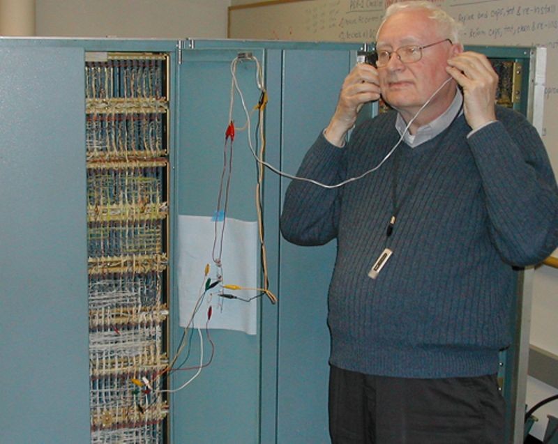 PDP-1 restoration team member, Peter Samson listening to music programmed for the DEC PDP-1 during the PDP-1 restoration project